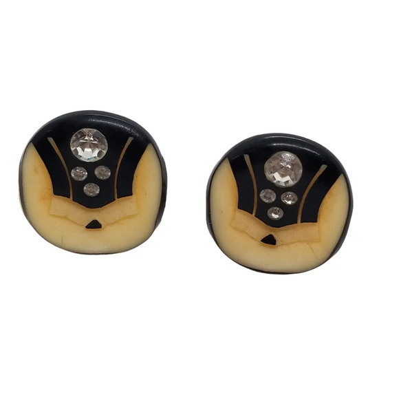 VINTAGE ART DECO STYLE BLACK & CREAM CELLULOID CLIP ON EARRINGS - Picture 3 of 5